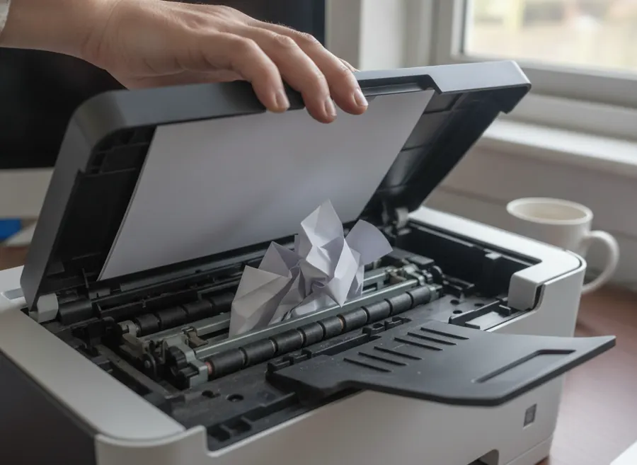 Abriendo la tapa de una impresora para revisar un atasco de papel