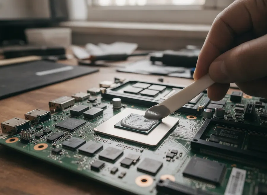 Técnico aplicando pasta térmica nueva sobre el procesador de un portátil