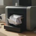 Impresora con una hoja de papel atascada saliendo del alimentador