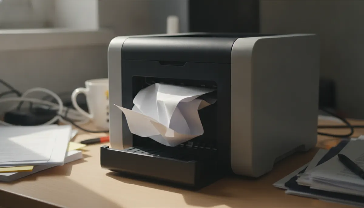 Impresora con una hoja de papel atascada saliendo del alimentador