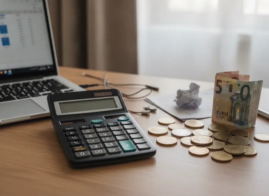 Calculadora y dinero comparando el coste de reparar frente a comprar nuevo