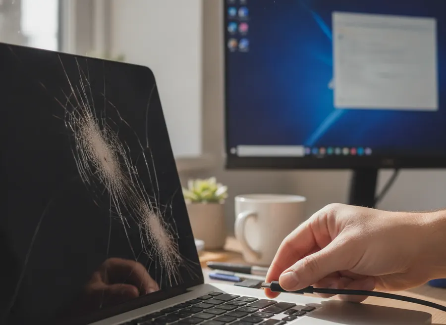 Conectando un cable a un portátil con la pantalla rota para usar un monitor externo