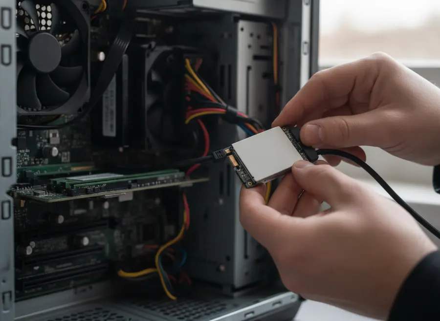 Técnico instalando un disco SSD en un ordenador de sobremesa
