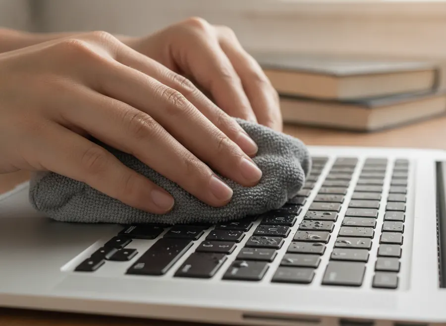 Limpiando el líquido del teclado de un portátil con un paño