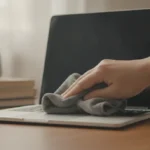 Limpiando la pantalla de un portatil con un pano de microfibra