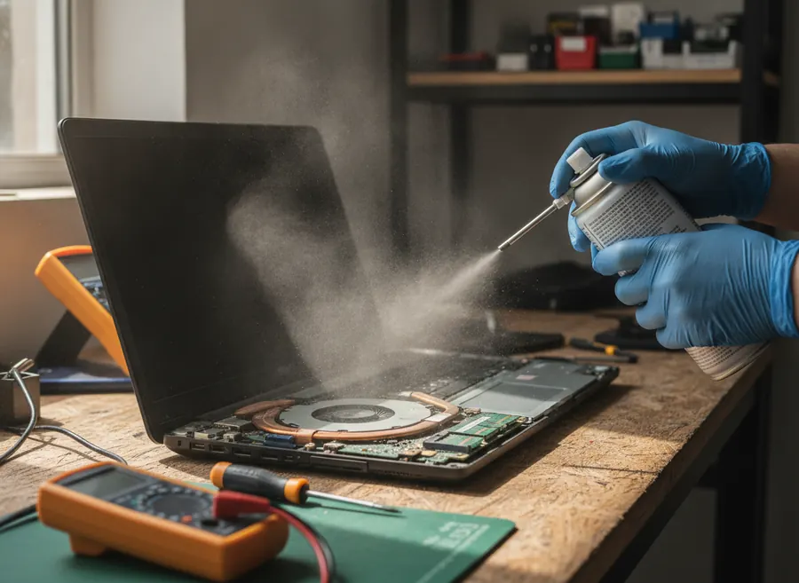 Técnico limpiando el polvo del ventilador de un portátil con aire comprimido
