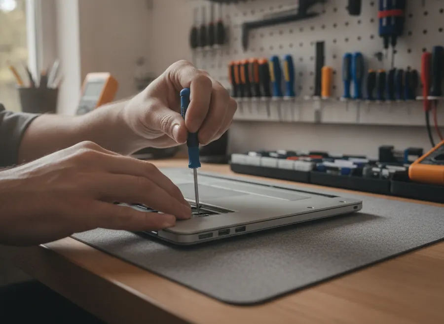 Técnico montando la tapa de un portátil tras la limpieza interna