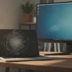 Portátil con la pantalla rota conectado a un monitor externo en un escritorio