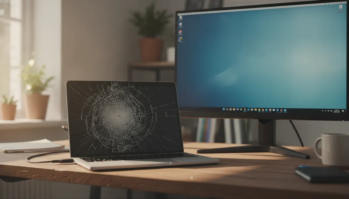 Portátil con la pantalla rota conectado a un monitor externo en un escritorio