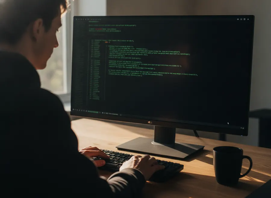 Persona escribiendo un comando en la terminal CMD desde su escritorio