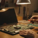 Tecnico reparando la placa base de un portatil en el taller