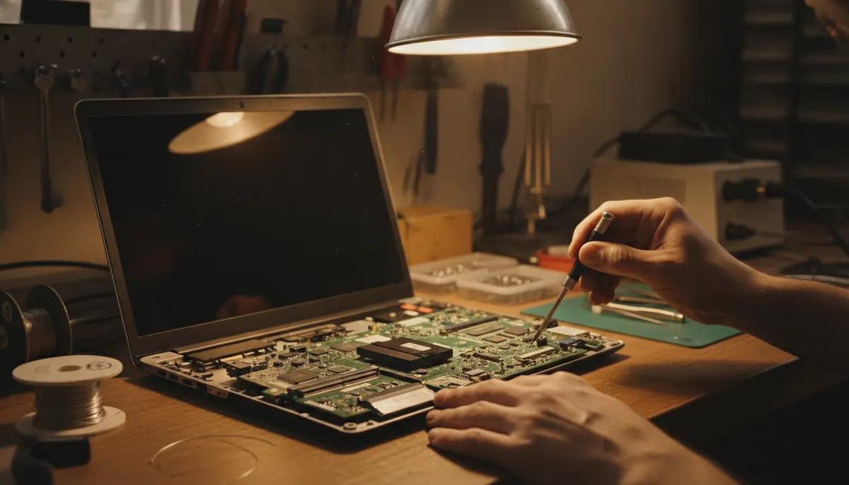 Tecnico reparando la placa base de un portatil en el taller