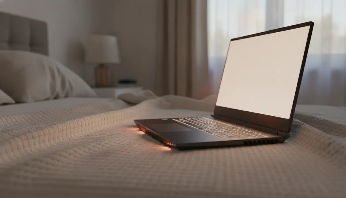 Portátil encendido sobre una cama, con la ventilación bloqueada por el edredón