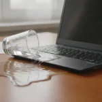 Vaso de agua derramado sobre el teclado de un portátil