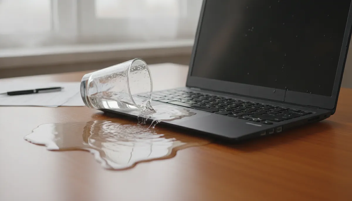 Vaso de agua derramado sobre el teclado de un portátil