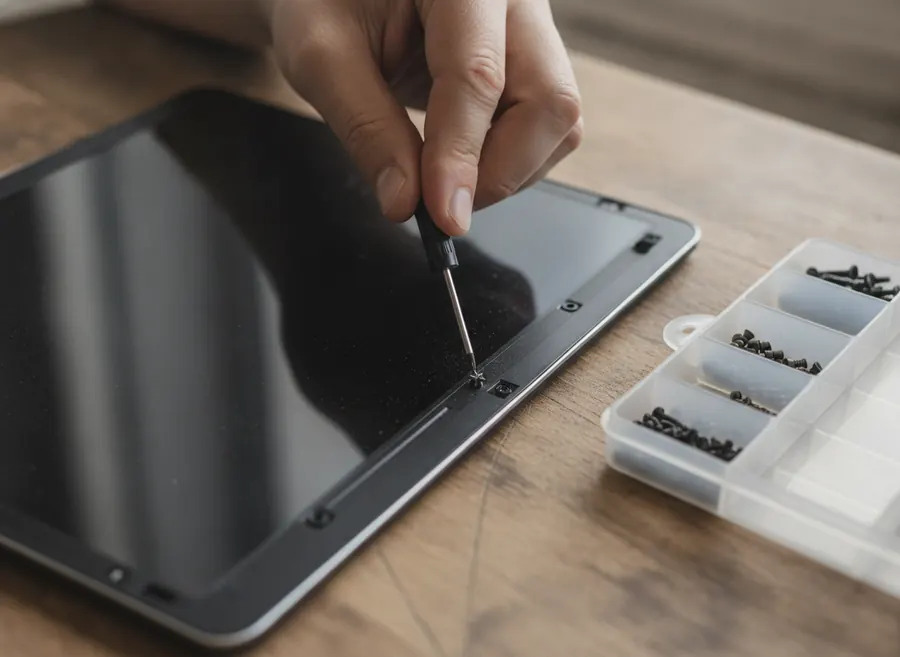Quitando los tornillos del marco de la pantalla de un portátil