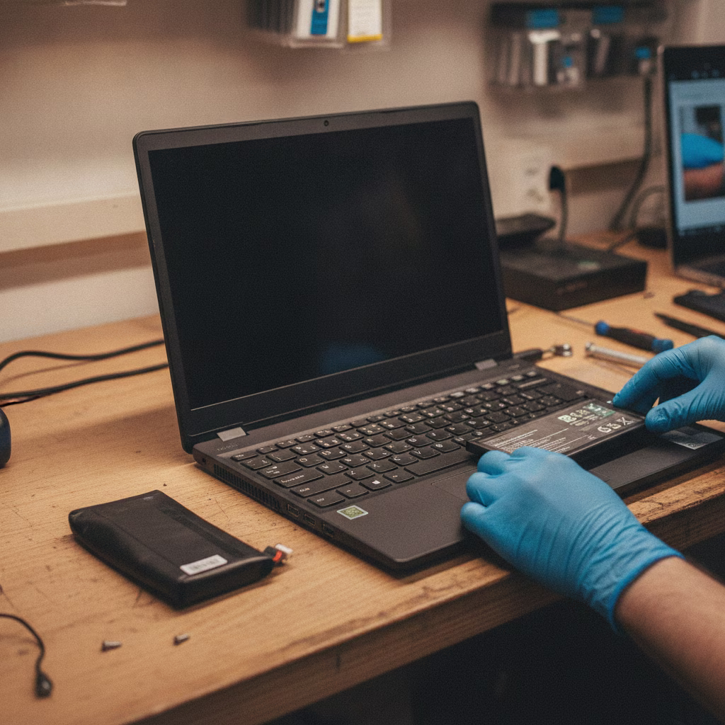 Técnico instalando una batería nueva en un portátil