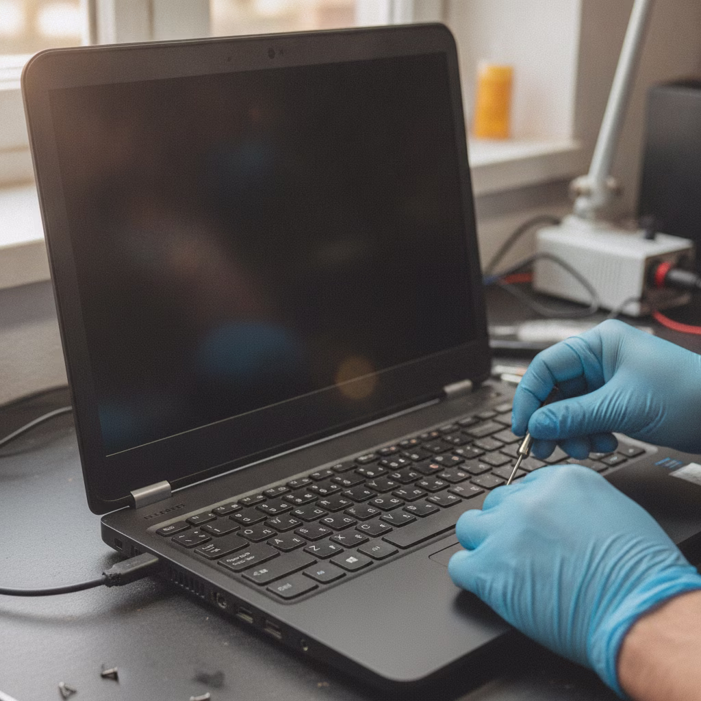 Técnico reparando la bisagra de la pantalla de un portátil