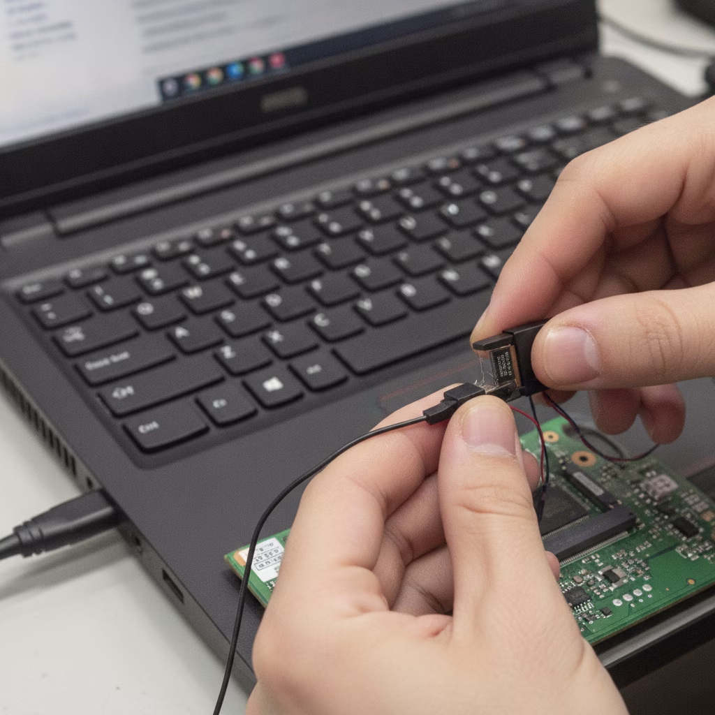 Técnico reprogramando el chip de firmware BIOS de la placa base de un portátil