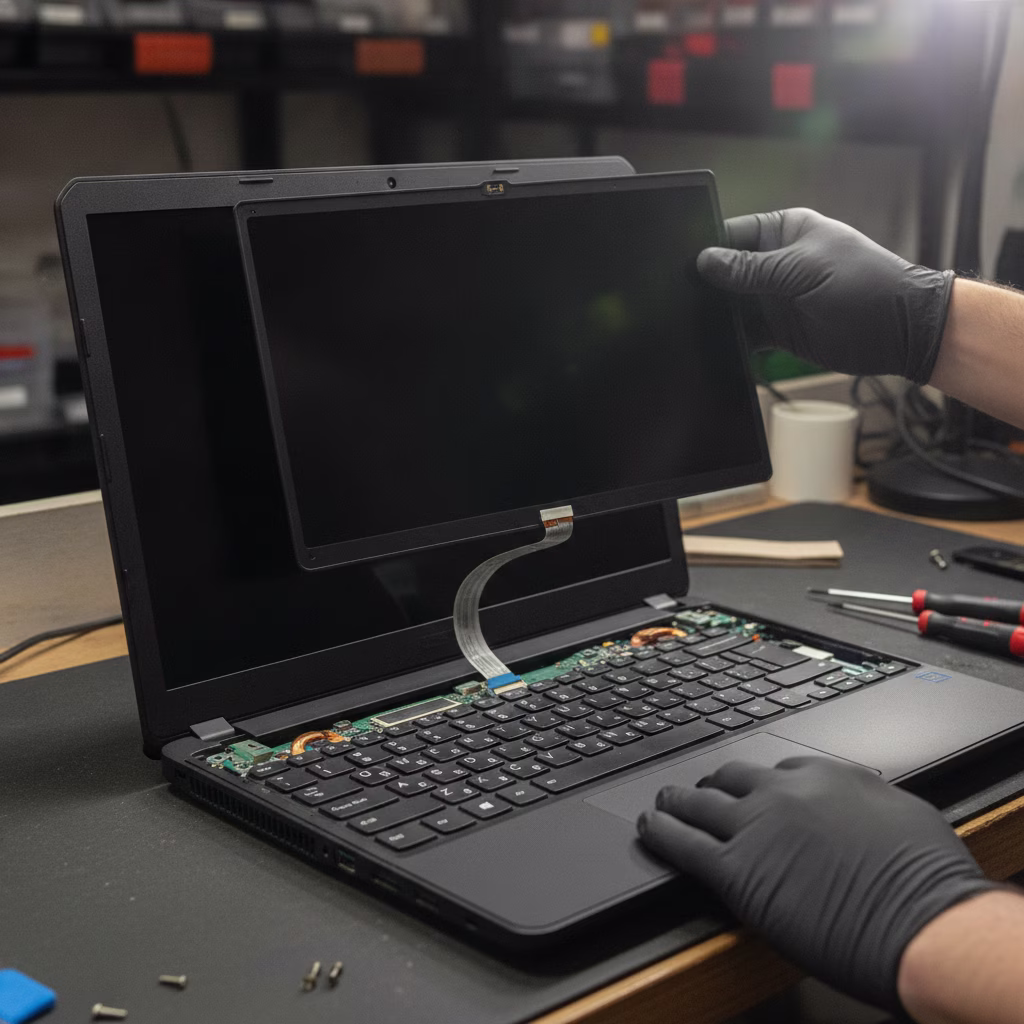 Técnico sustituyendo el panel de pantalla de un portátil y su cable flex