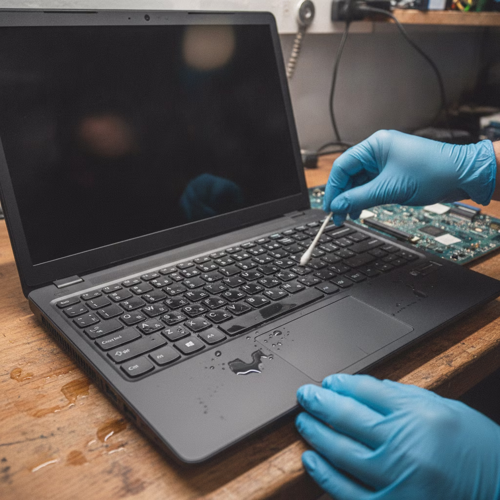 Técnico limpiando con alcohol isopropílico un portátil mojado tras un derrame de líquido