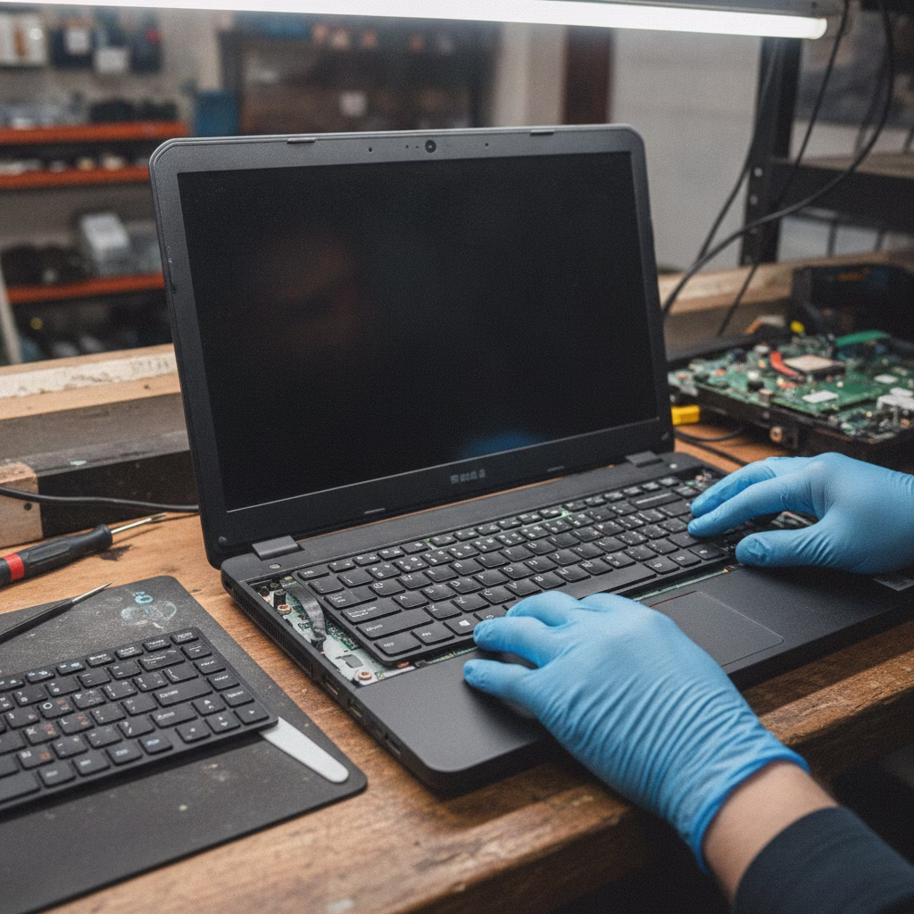 Técnico instalando un teclado nuevo en un portátil
