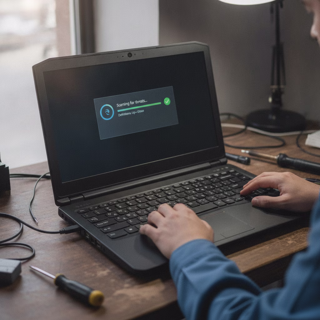 Técnico revisando el sistema operativo y ejecutando un análisis antivirus en un portátil