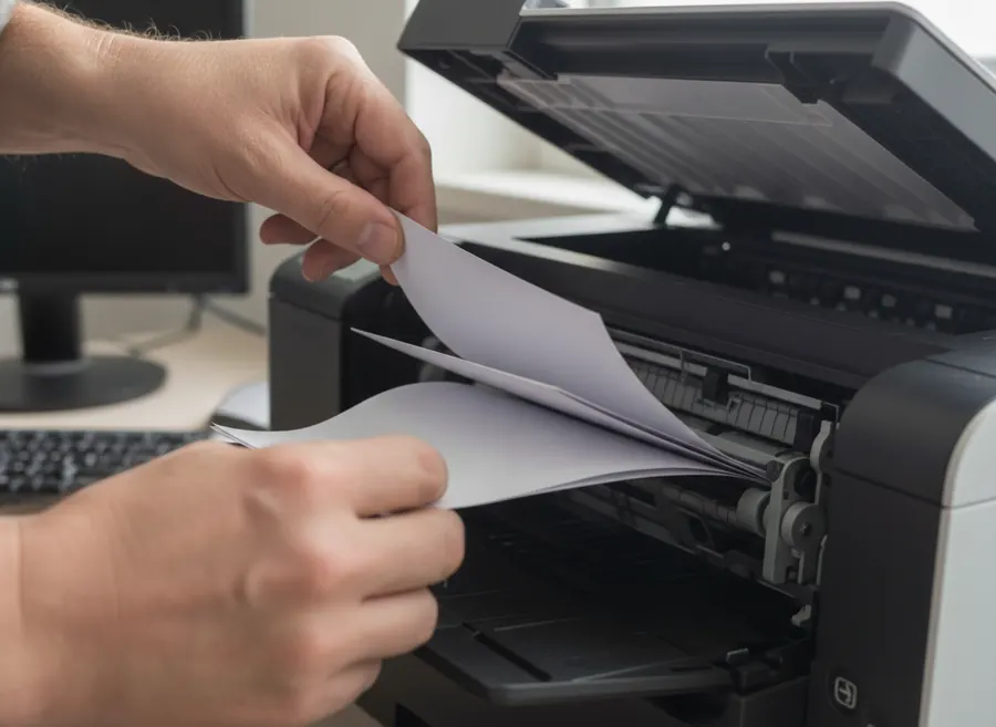 Manos sacando con cuidado el papel atascado de una impresora