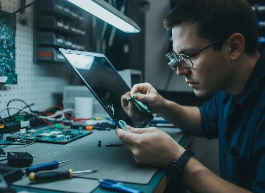 Técnico inspeccionando de cerca la pantalla de un portátil