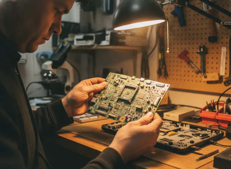 Técnico inspeccionando una placa base de portátil