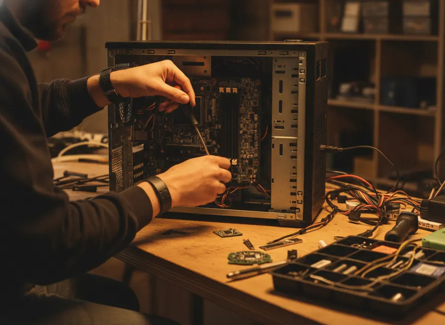 Técnico instalando una placa base nueva en un ordenador de sobremesa