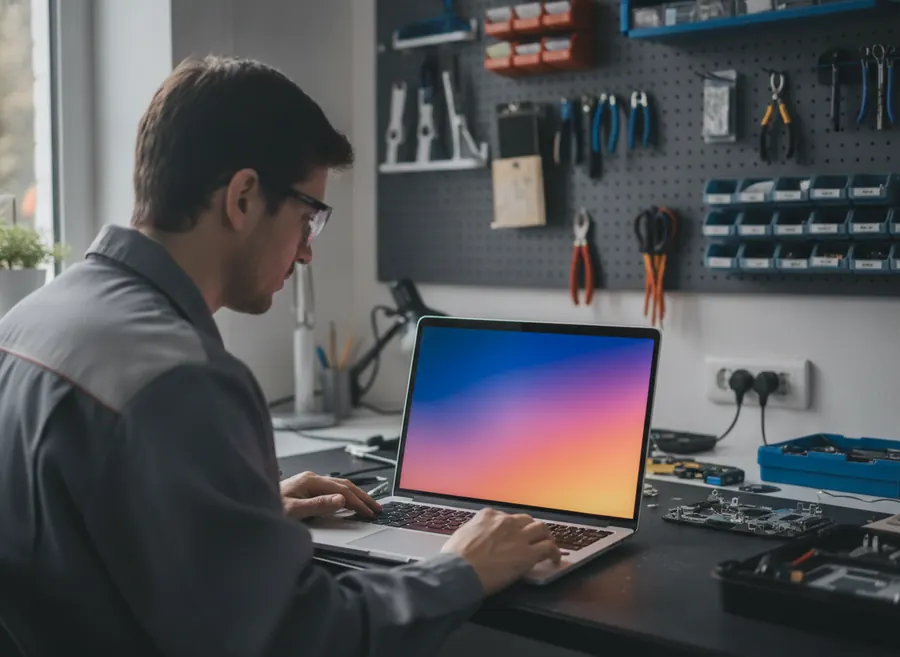 Técnico probando el portátil tras instalar la pantalla nueva