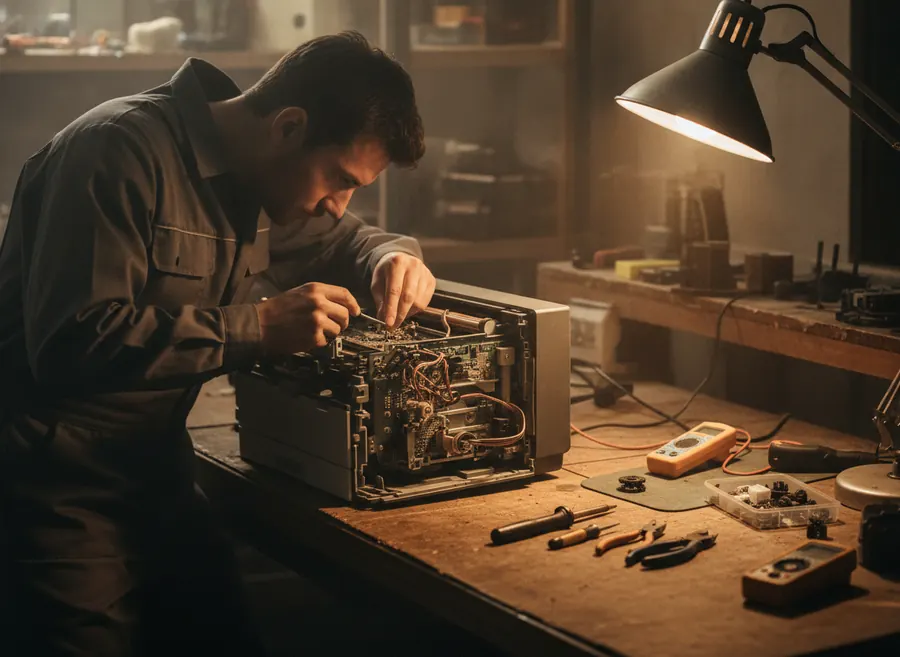 Técnico reparando una impresora abierta en el taller