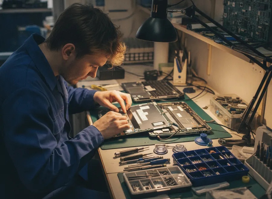 Técnico reparando la pantalla de un portátil en el taller
