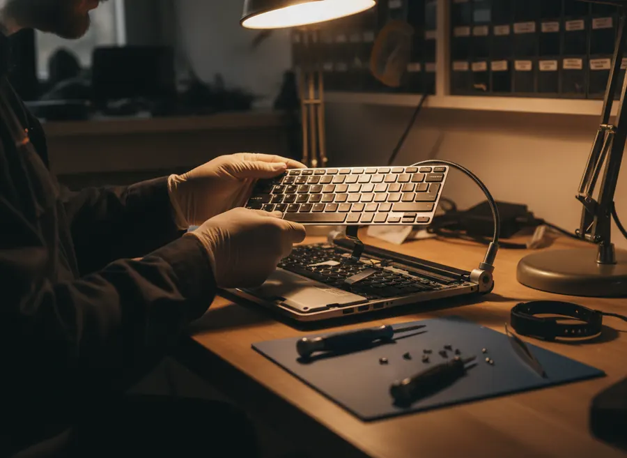 Técnico sustituyendo el teclado de un portátil en el taller