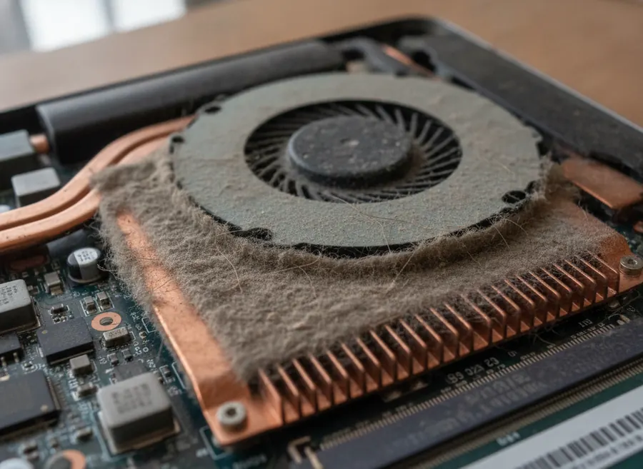 Ventilador y disipador de un portátil completamente cubiertos de polvo