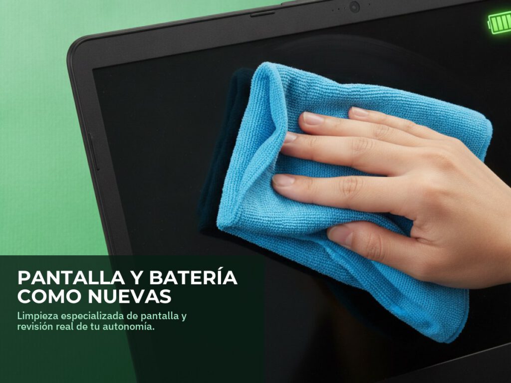 Limpieza especializada de pantalla y revision del estado de la bateria